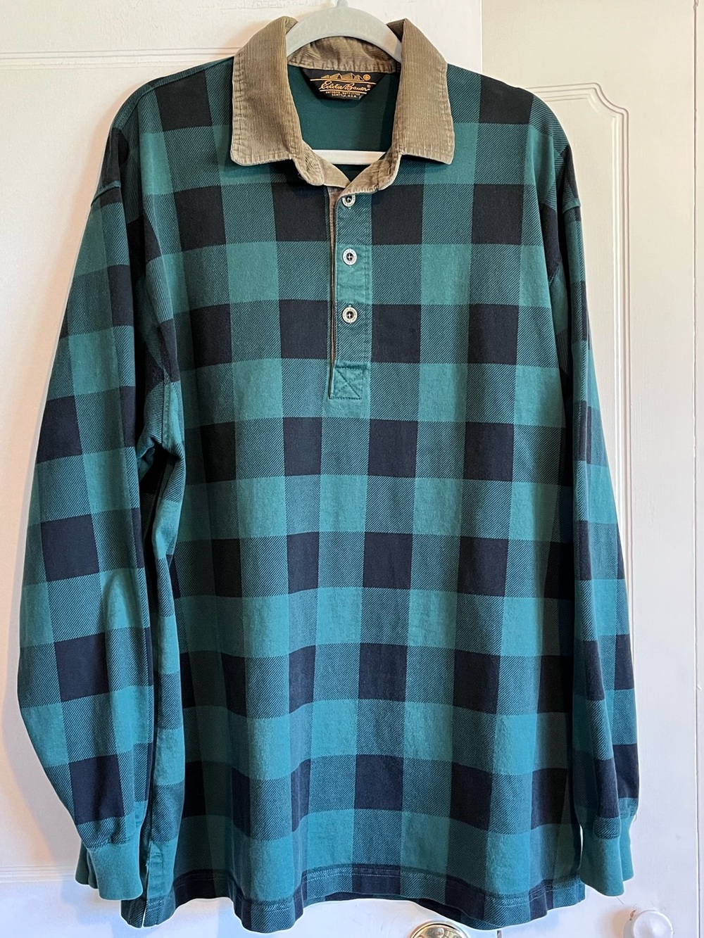 VTG 90s Eddie Bauer Men's XLT Buffalo Plaid Green Black Rugby Corduroy Collar LS